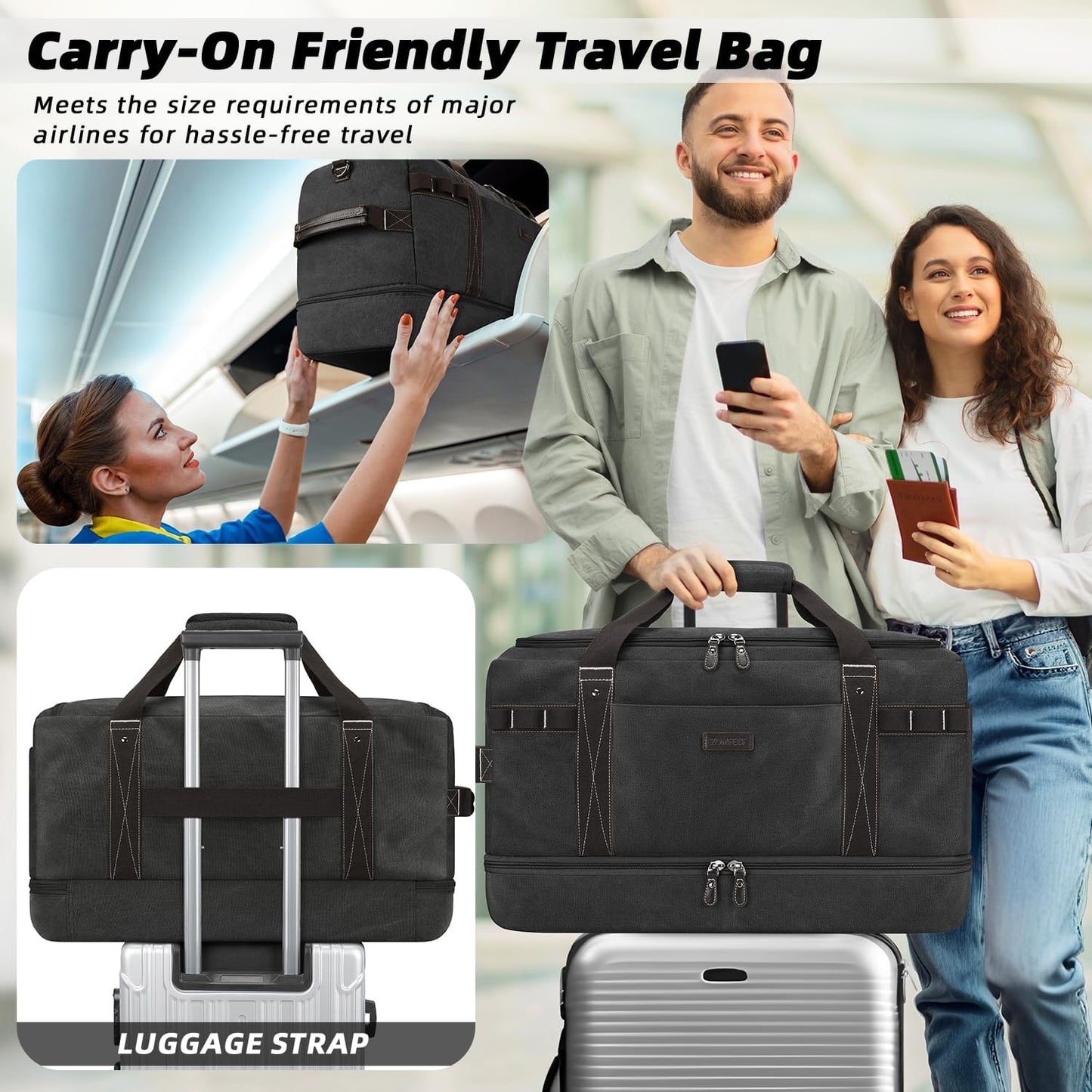 ZOMFELT Travel Duffle Bag for Men, Waterproof Canvas Overnight Duffel Bag with Removable Dividers & Shoe Compartment, Carry On Weekender Gym bag, Multi-Pocket & Vintage Design (Washed Black) - Roamly