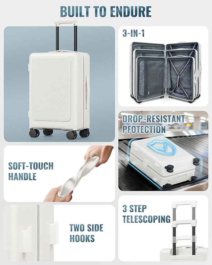 Joyway Luggage Sets 3 Piece with Spinner Wheels, Carry On Luggage 20In with ABS+PC Hardshell, Lightweight Suitcase Set with TSA Lock and Pressure-resistant Frame, 20/24/28 Inch, White