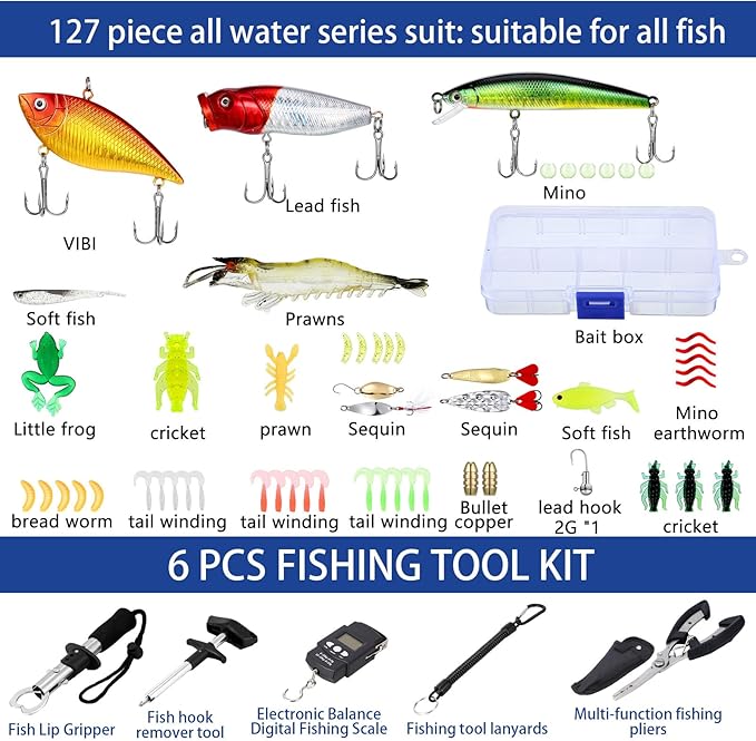 Sosation 482 Pcs Fishing Gifts for Men Fishing Sling Bag Tool Gear Equipment Accessories Kit Fish Backpack Tackle Box with Tackle Included Fish Hook Remover Tool Lures Lip Gripper