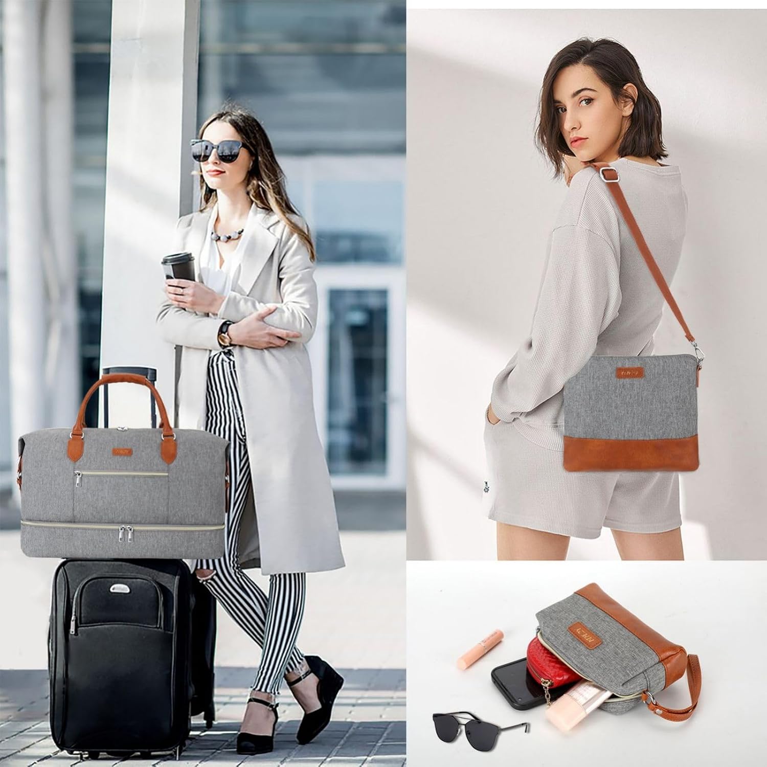 Weekender Bag for Women, Travel Duffel Bag Carry On Overnight Bag with Shoe Compartment Large Nylon Travel Weekend Tote Bag - Roamly