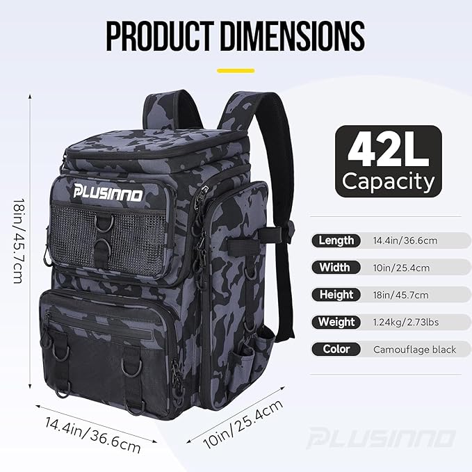 PLUSINNO Fishing Backpack with Fishing Gear Fish Net & Rod Holders Tackle Box, 42L Large Water-resistant Tackle Bag Store