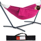 PNAEUT Double Hammocks with Stand for Outside, Portable Space Saving Heavy-Duty Steel Stand for Indoor Outdoor Patio with Carrying Bag, 450 lbs Capacity (Rose Pink)
