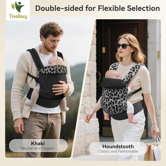 Reversible Baby Carrier – Black Solid & Leopard Print; Lightweight & Breathable Lyocell Fabric; Ergonomic Lumbar Support and Quick Hands-Free Wear for Newborn to Toddler (7–44 lbs)