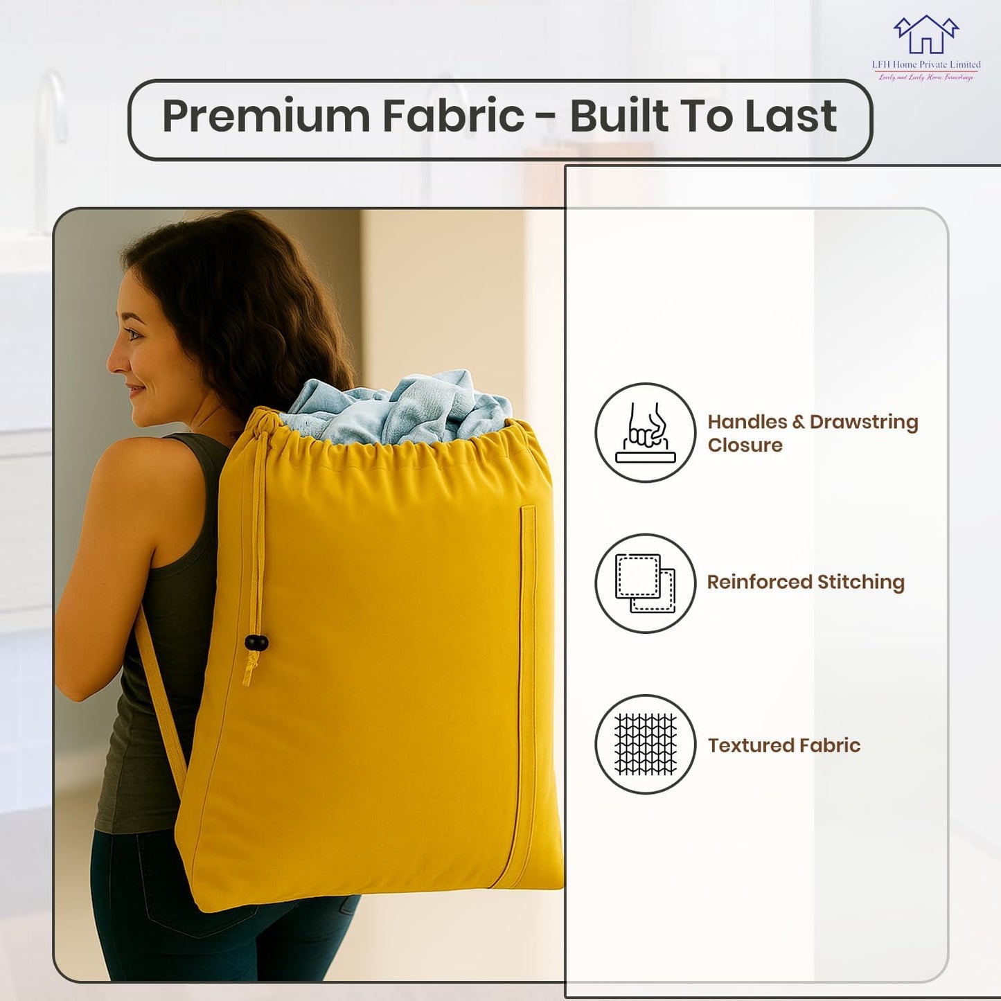 LFH Home Cotton Canvas Large Laundry Bag with Handle, Heavy Duty Drawstring Closure Washable Laundry Bags, School Travel, Home, Hotel, College Dorm, Organizer Sack, Toys Clothes 28x40-Yellow