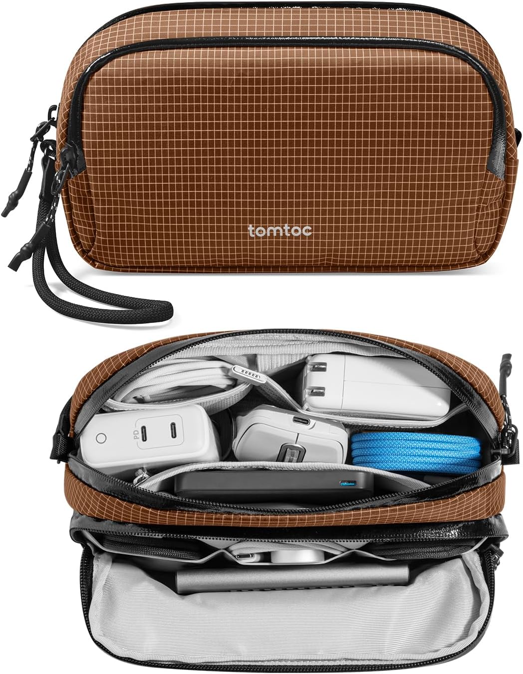 tomtoc Electronic Organizer Travel Case Performance, Water Resistant Dual Compartment Cable Organization Storage Bag for Charger, Cord, Phone, Hard Drive, Power Bank, Accessories Travel Essentials - Roamly