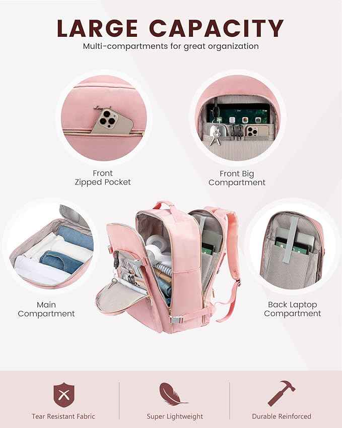 LOVEVOOK Travel Backpack for Women & Men 50L,Airline Approved Carry On Backpack Travel Essentials,TSA Carry on Luggage,Waterproof Personal Item Travel Bag,Suitcase with 3 Packing Cubes,Pink-Pink