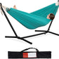 PNAEUT Double Hammocks with Stand for Outside, Portable Space Saving Heavy-Duty Steel Stand for Indoor Outdoor Patio with Carrying Bag, 450 lbs Capacity (Aqua)
