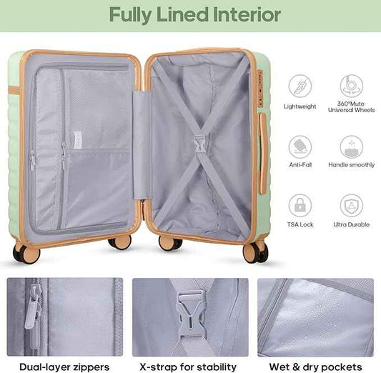 Luggage Sets 3 Piece, Carry On Luggage 20In With Spinner Wheels,PC Hardside Suitcase Set with TSA Lock,Durable Carry On Suitcase With Travel Backpack for Men (Light Green, 3 piece set (BP/20inch))