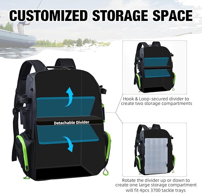 AUMTISC Fishing Tackle Backpack, Fishing Backpacks with 2 Rod Holders, Waterproof Bag Backpack with 4 Tackle Boxes, Rain Cover & Small Insulated Bag, Large Fishing Backpacks for Fish Gear & Equipment