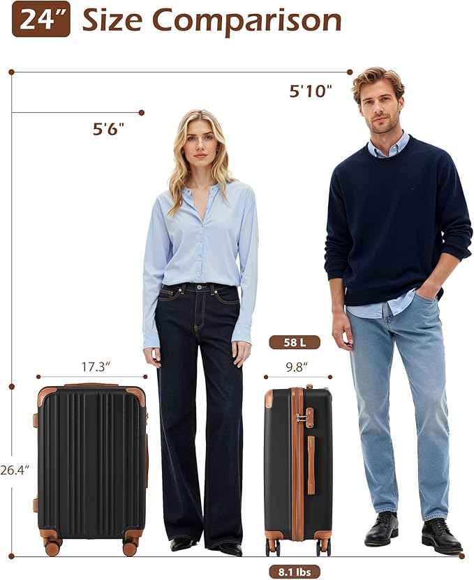 Coolife Luggage, Suitcase with Durable and Lightweight, Checked Luggage with ABS Hardshell, Dual Spinner Wheels, TSA Lock, and YKK Zipper (apricot black, M(24in))