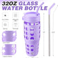 MUKOKO 32 oz Glass Tumbler with Straw,Glass Water Bottles with Time Marker,Iced Coffee Cup with 2 Lids-Handle Spout Lid&Straw Lid,Silicone Sleeve,Leakproof,1 Pack-Purple