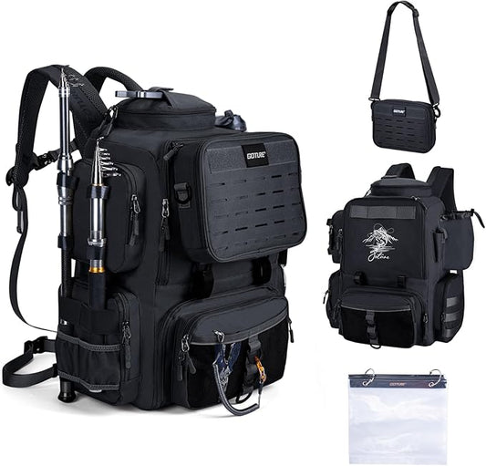Goture Fishing Backpack, 900D Water-Resistant Tackle Backpack with Rod Holders, 58L Large Storage Gear Fishing Tackle Bag with Detachable Crossbody Bag,8 Lure Pockets,Bottle Holder for Camping Hiking