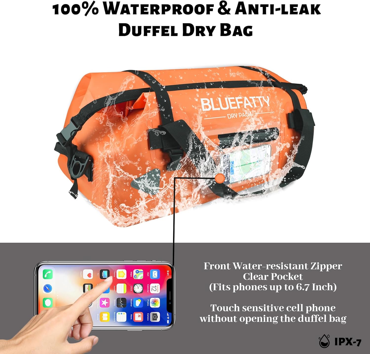 Waterproof Motorcycle Duffel Bag Roll Top Dry Duffel Bag with Quick-fixed Straps for Rafting, Boating, Kayaking, Travel, 50L(Orange) - Roamly