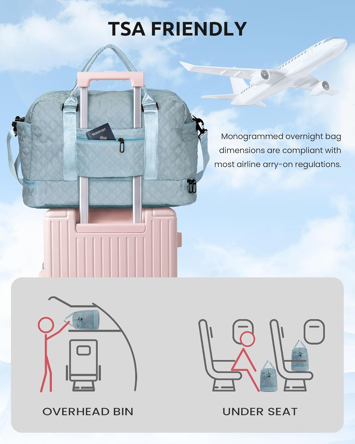 Weekend Bag | Personalized Monogram & Wet Pocket | Lady's Overnight Travel Carrier with Makeup Bag as Gift - Roamly