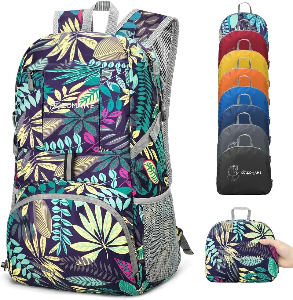 ZOMAKE Lightweight Packable Backpack 35L, Light Foldable Backpacks Water Resistant Collapsible Hiking Bag, Compact Folding Day Pack for Travel Camping(Mixed Color-Leaves) - Roamly