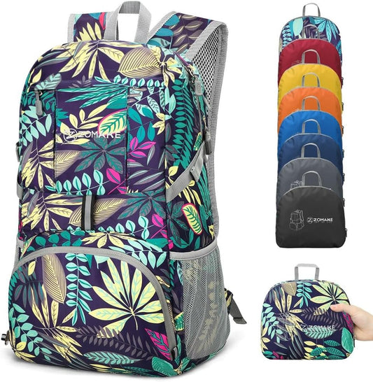 ZOMAKE Lightweight Packable Backpack 35L, Light Foldable Backpacks Water Resistant Collapsible Hiking Bag, Compact Folding Day Pack for Travel Camping(Mixed Color-Leaves) - Roamly