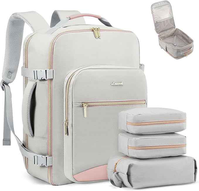 LOVEVOOK Travel Backpack for Women & Men 50L,Airline Approved Carry On Backpack Travel Essentials,TSA Carry on Luggage,Waterproof Personal Item Travel Bag,Suitcase with 3 Packing Cubes,Light gray-Pink