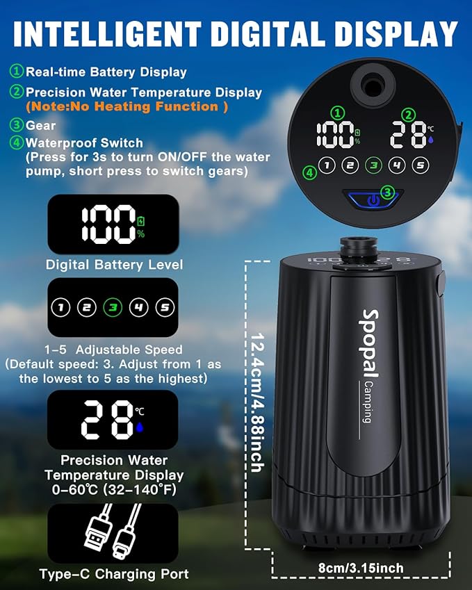 Spopal Portable Shower for Camping with 5-Gallon Water Jug, [Upgraded] 10000mAh Rechargeable Camping Shower with 5 Adjustable Speeds, Food Grade Material Water Containers for Hiking, Travel, Car, Pet