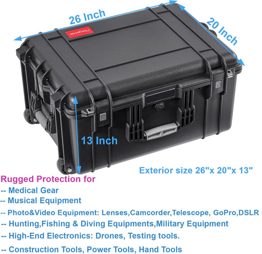 Rolling Hard Case with Foam,26 x 20 x 13 Inch, Equipment Case with Wheels and 4 Handles for camera, Drone,tool, electronics,Shockproof, Waterproof, TSA Friendly, Inner 22.64"X 16.73"X9.84"