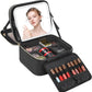 Travel Makeup Bag with LED Mirror Double Layer Makeup Case with Lighted Mirror Dual Layer Cosmetic Train Case Portable Artist Organizer Bag with Dividers and Rechargeable Vanity (Black, Small)