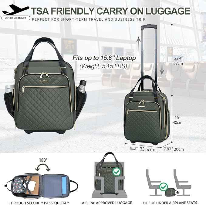 EMPSIGN Underseat Carry On Wheeled - 16" Carry on Bag with Wheels Multi-functional Lightweight Rolling Bag Overnight Weekender Small Suitcase for Women Men Travel Business, Army Green-Gold Zipper