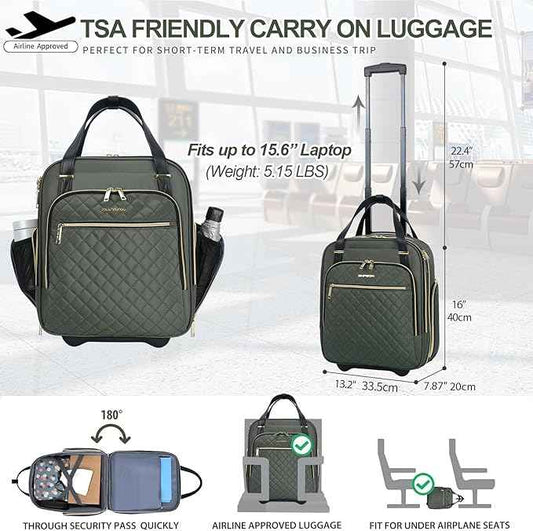 EMPSIGN Underseat Carry On Wheeled - 16" Carry on Bag with Wheels Multi-functional Lightweight Rolling Bag Overnight Weekender Small Suitcase for Women Men Travel Business, Army Green-Gold Zipper
