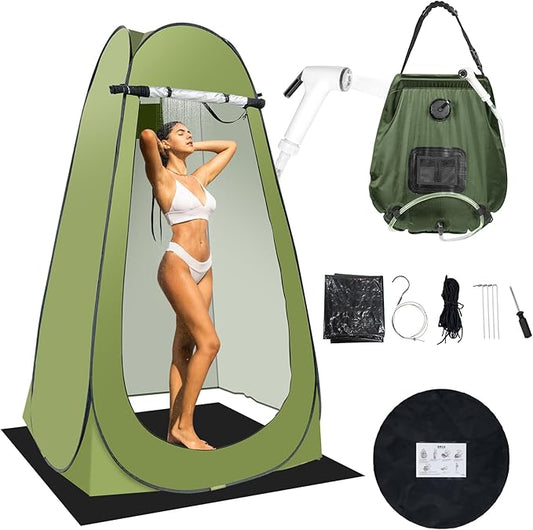 Portable Camping Privacy Tent, Outdoor Shower Tent Kit with 5 Gallon Shower Bag-(Nozzle Upgraded)