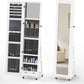 RQZ 360° Rotating Jewelry Organizer with Lights, 8 LEDs Jewelry Cabinet Armoire Standing, Lockable Jewelry Storage with Full-Length Mirror, 4 Storage Shelves, Interior Mirror(65.35" H)