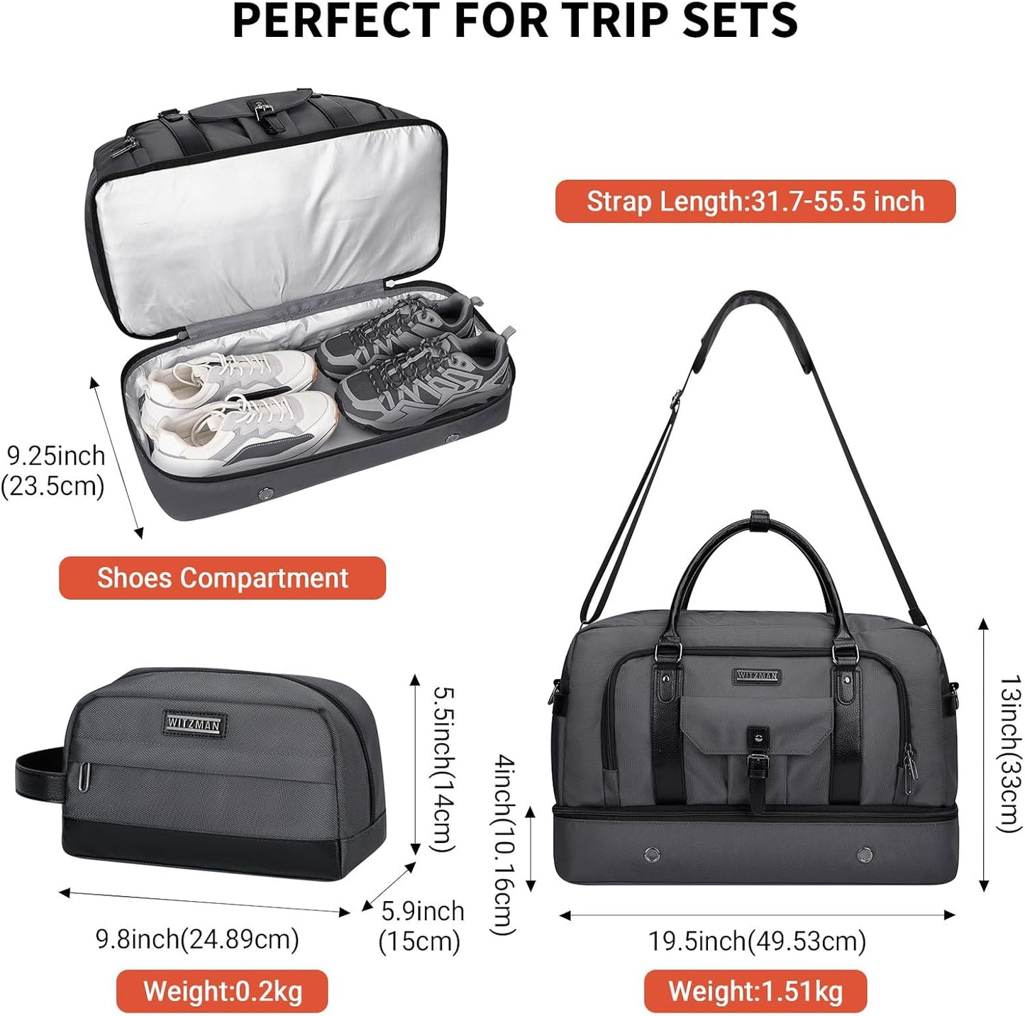 WITZMAN Weekender Bags for Men Women Carry On Duffle Overnight Bag with Toiletry Bag Sets Travel Duffel Bag Shoes Compartment （B694 Silvery Grey） - Roamly
