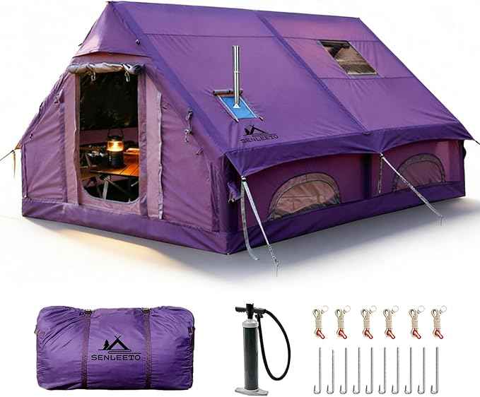 Inflatable Camping Tents 8-10 Person,129 Square Feets Large Inflatable Camping Tent with Stove Jack,Blow up Tent with Mesh Windows & Pump