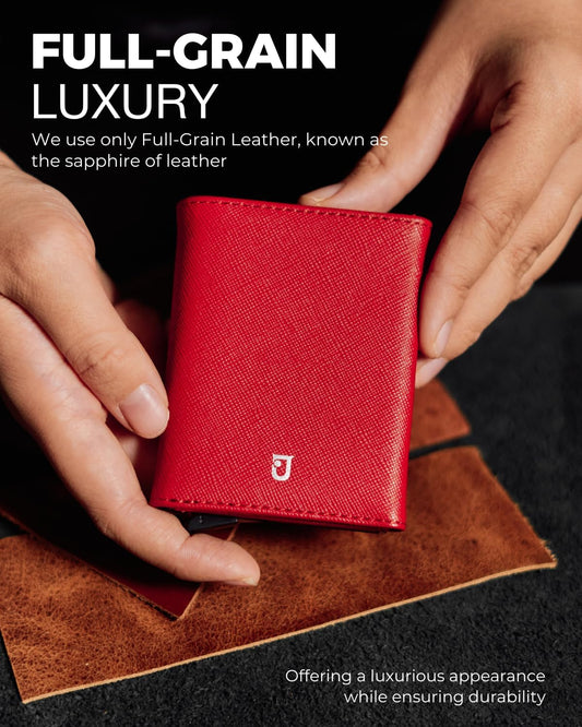 Jenoss Smart Wallet For Men & Women: Full Grain Leather, Handcrafted, Slide Metal Pop Up Case, Slim RFID Blocking Credit Card Holder Minimalist Compact 12 Cards Slot Organizers ID Clip (Red & Silver)