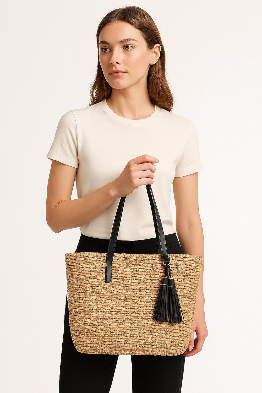 YXILEE Straw Bags For Women | M Size Travel Straw Totes Bag Woven Summer Handmade Shoulder Bag Handbag