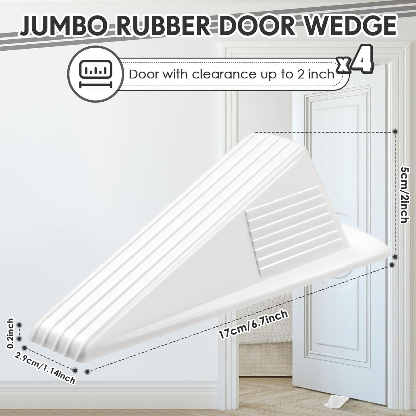 Frienda 4 Pcs Jumbo Door Stoppers Heavy Duty Door Stopper Tall up to 2inch Tall Wedge TPR Large Wedge Stackable Big Rubber Doorstop for Hotel Carpet Hardwood Concrete and Tile (White)