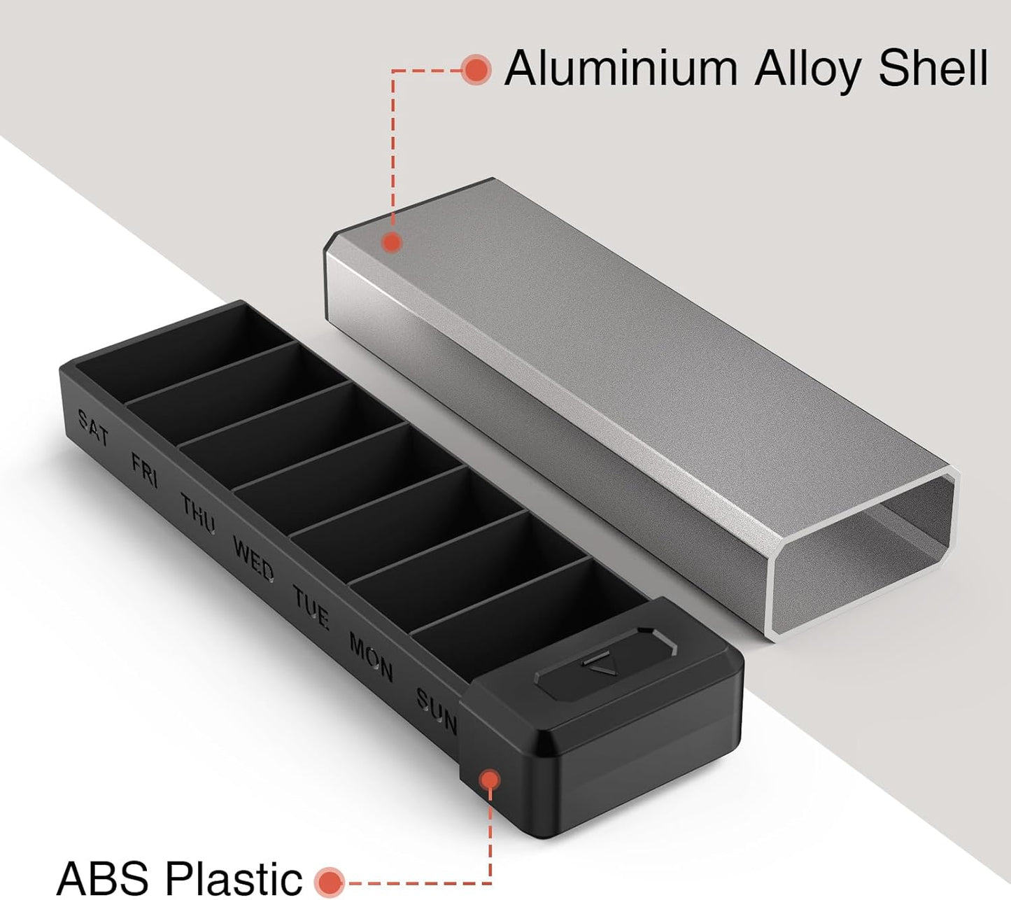 HEIYING Pill Organizer with Aluminum Shell for One Week Capacity, Portable 7 Compartments Pill Box Container to Hold Vitamin, Medicine, Supplements