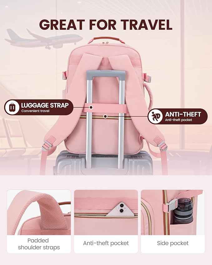 LOVEVOOK Travel Backpack for Women & Men 40L,Airline Approved Carry On Backpack Travel Essentials,TSA Carry on Luggage,Waterproof Personal Item Travel Bag,Suitcase with 3 Packing Cubes,Pink-Brown