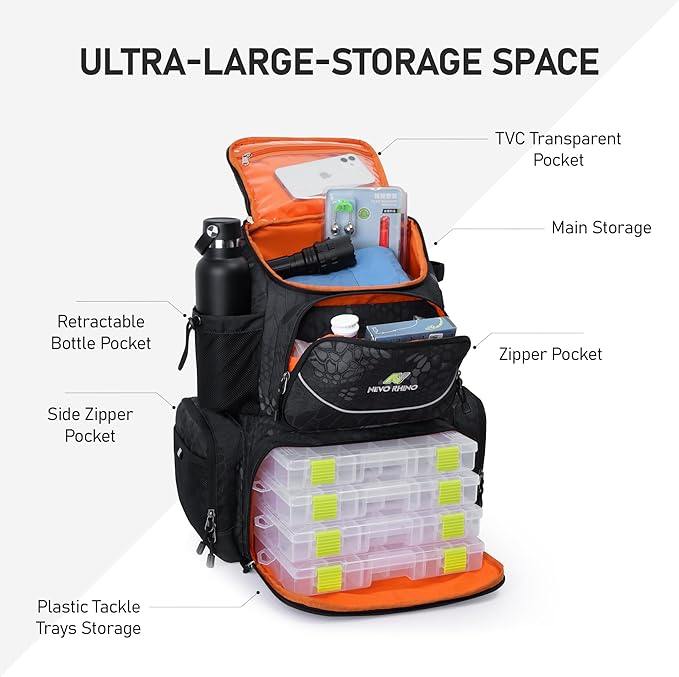 N NEVO RHINO Fishing Tackle Backpack with Rod Holders, 40L Large Fishing Bag with Waterproof Rain Cover,Outdoor Tackle Bag