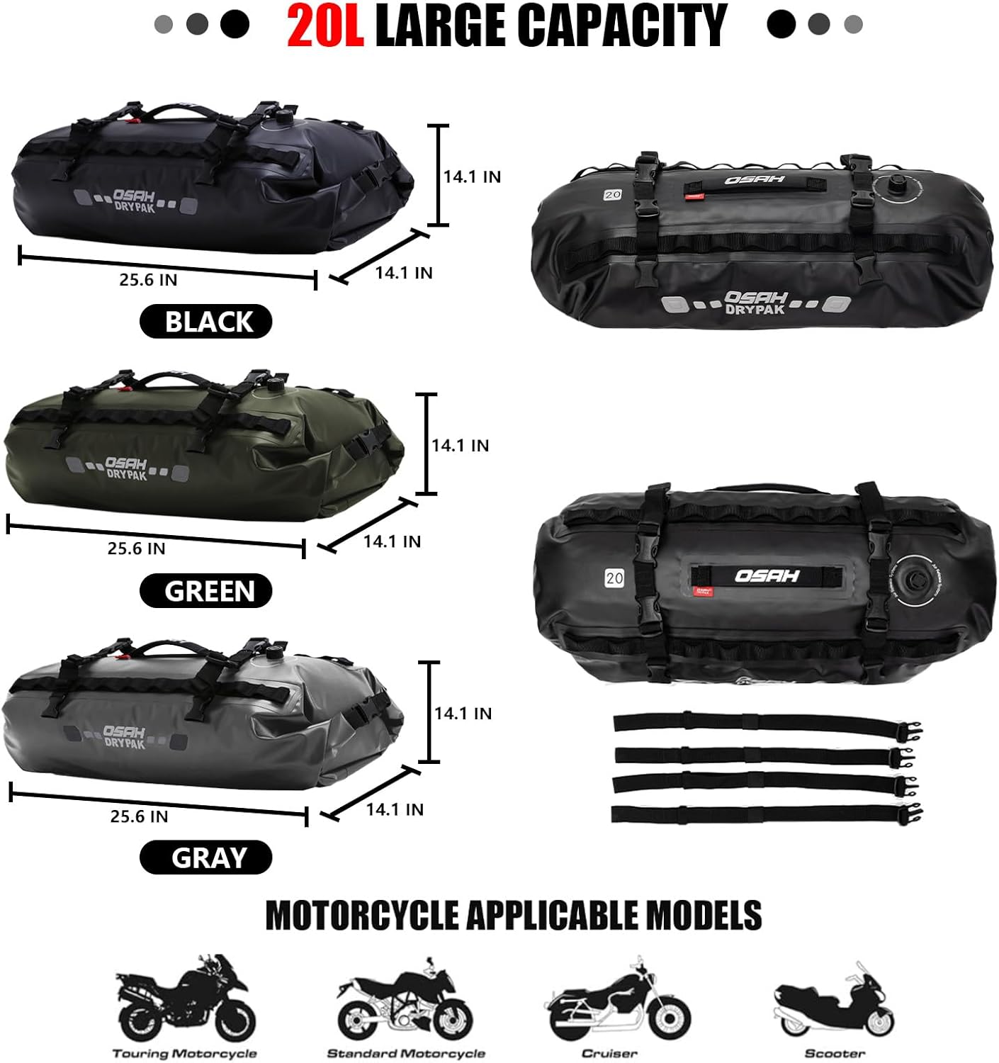 Waterproof Duffel& Luggage Bag - Motorcycle Dry Bag Tail Saddle Bags with Roll Top Closure,Large Storage Space,for Camping, Kayaking, Fishing & Traveling(Green, 20L)