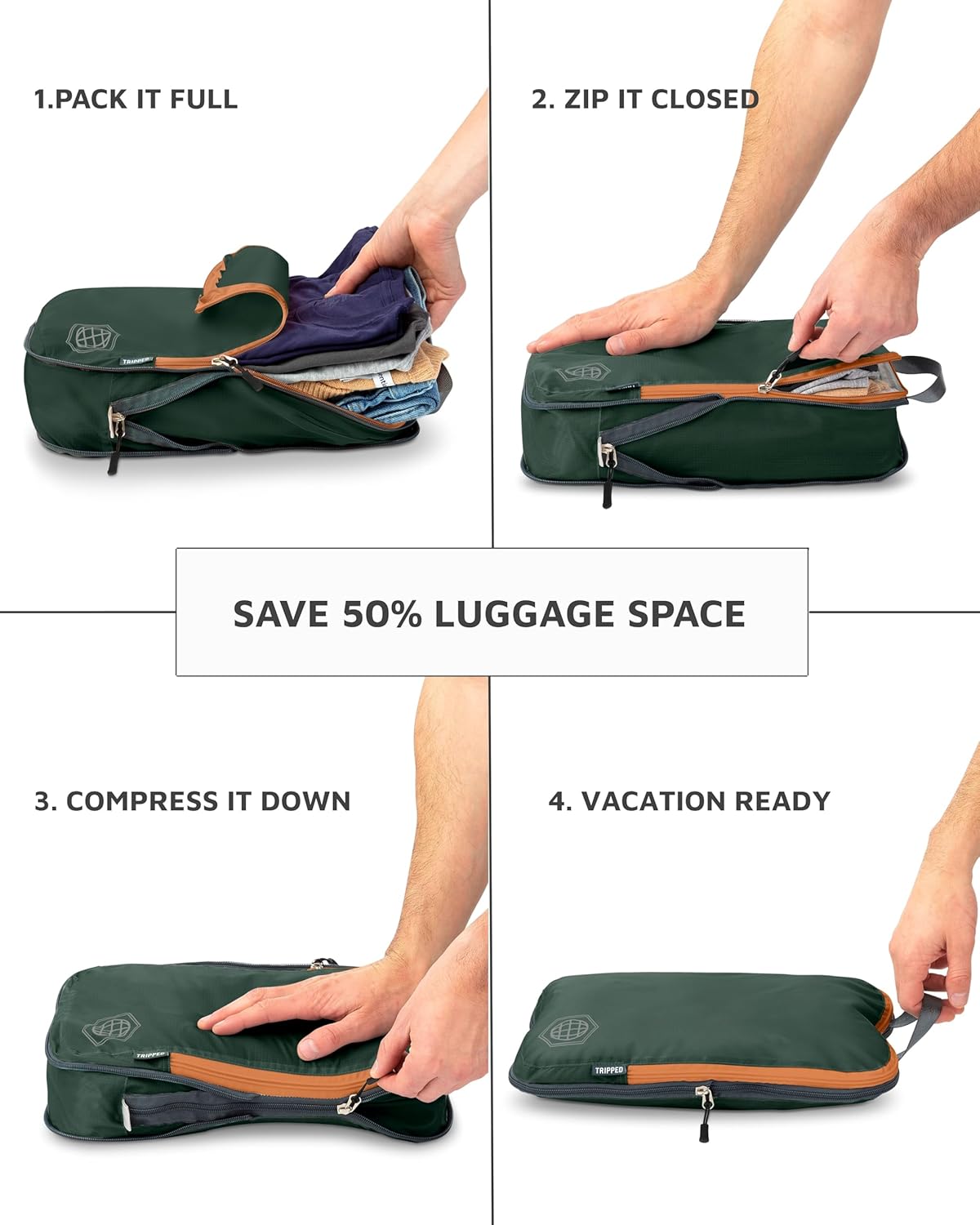 Large Compression Packing Cubes for Travel-Packing Cube Luggage Organizers 7 Piece Set for Checked Luggage-Ultralight, Expandable/Compression Bags by TRIPPED Travel Gear (Green and Brown) - Roamly