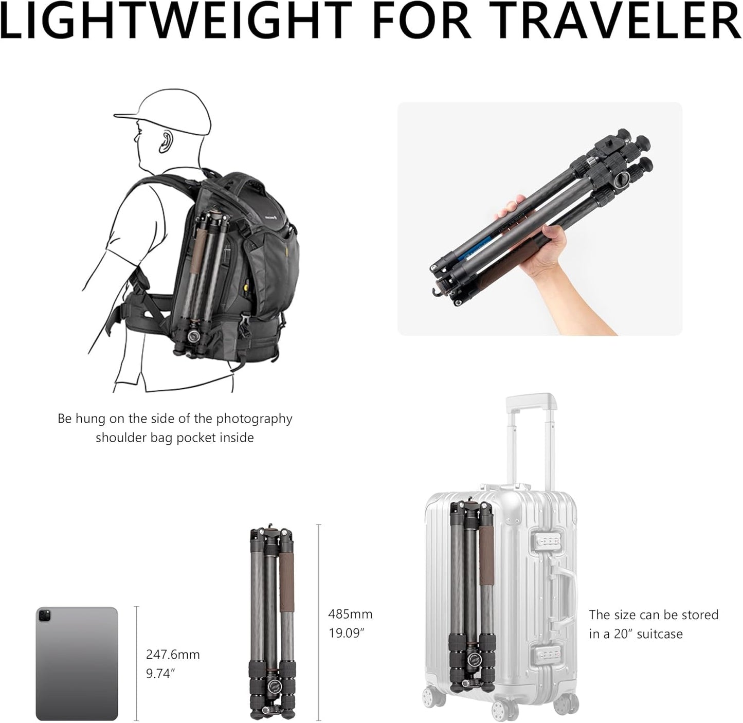 Portable Travel Tripod, Carbon Fiber Camera Tripod with Ball Head, with 360° Detachable Center Column, Folded Length 485mm, Max Load 15kg, Max. Height 1735mm (LX-324CT+XB-38)