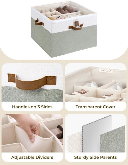 StorageWorks Shoe Organizer for Closet, Fits up to 16 Pairs, Shoe Cubby Storage Containers with Adjustable Dividers and Clear Cover, Green & White
