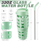 MUKOKO 32 oz Glass Tumbler with Straw,Glass Water Bottles with Time Marker,Iced Coffee Cup with 2 Lids-Handle Spout Lid&Straw Lid,Silicone Sleeve,Leakproof,1 Pack-Green