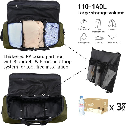 Vomgomfom Wheeled Collapsible Duffel Bag,110L-140L Expandable Checked Luggage, No-Telescopic-Handle with Anti-Burst Zipper & Reinforced Frame,Army Green - Roamly