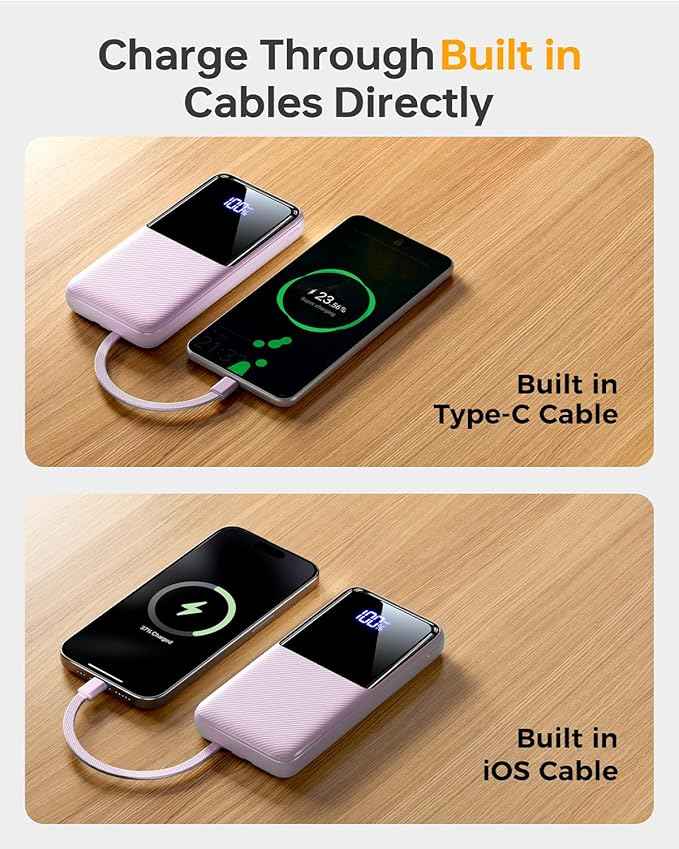 Portable Charger Power Bank - 15,000mAh Battery Pack Portable Phone Charger with Built in Cable 22.5W Fast Charging Powerbank Compatible with iPhone Android Samsung Phone, Lavender