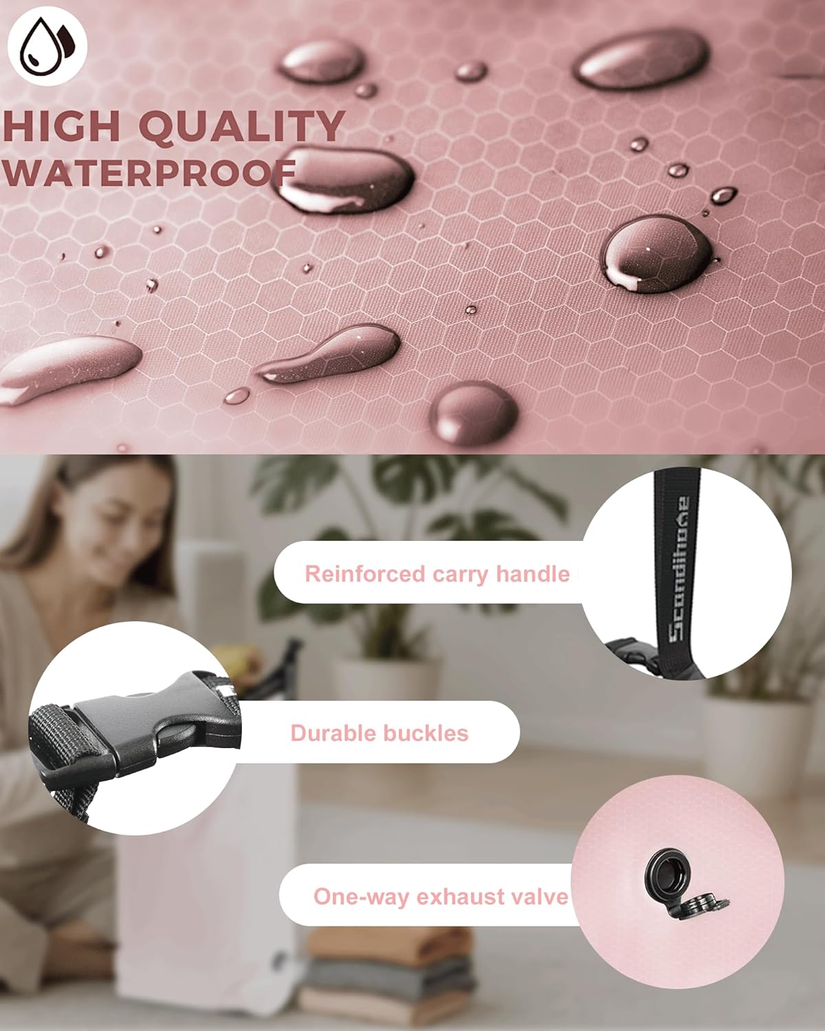 Travel Laundry Bag, Pump Free Vacuum Storage Bag Reusable Compression Dirty Clothes Travel Bag Waterproof Wet Dry Bags Large Capacity Space Saver Bags Camp Clothes Organizer (1 Pcs)(Pink, L)