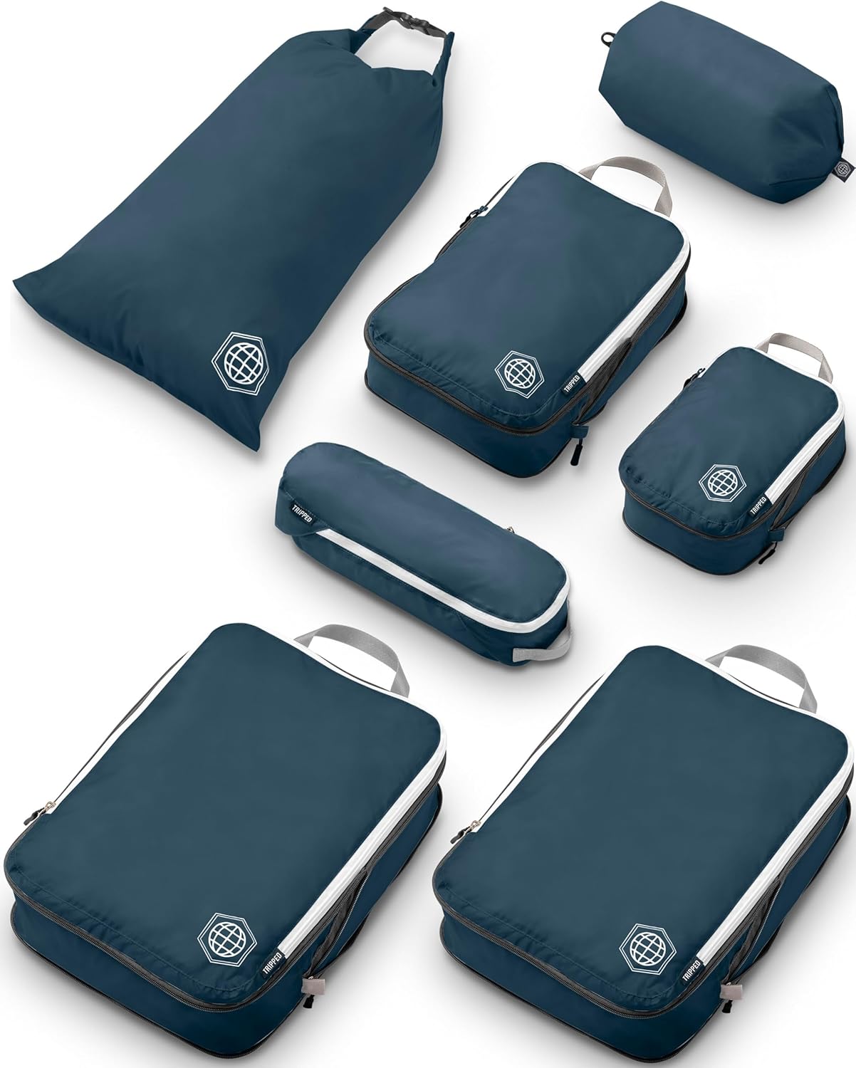 Large Compression Packing Cubes for Travel-Packing Cube Luggage Organizers 7 Piece Set for Checked Luggage-Ultralight, Expandable/Compression Bags by TRIPPED Travel Gear (Navy/White) - Roamly