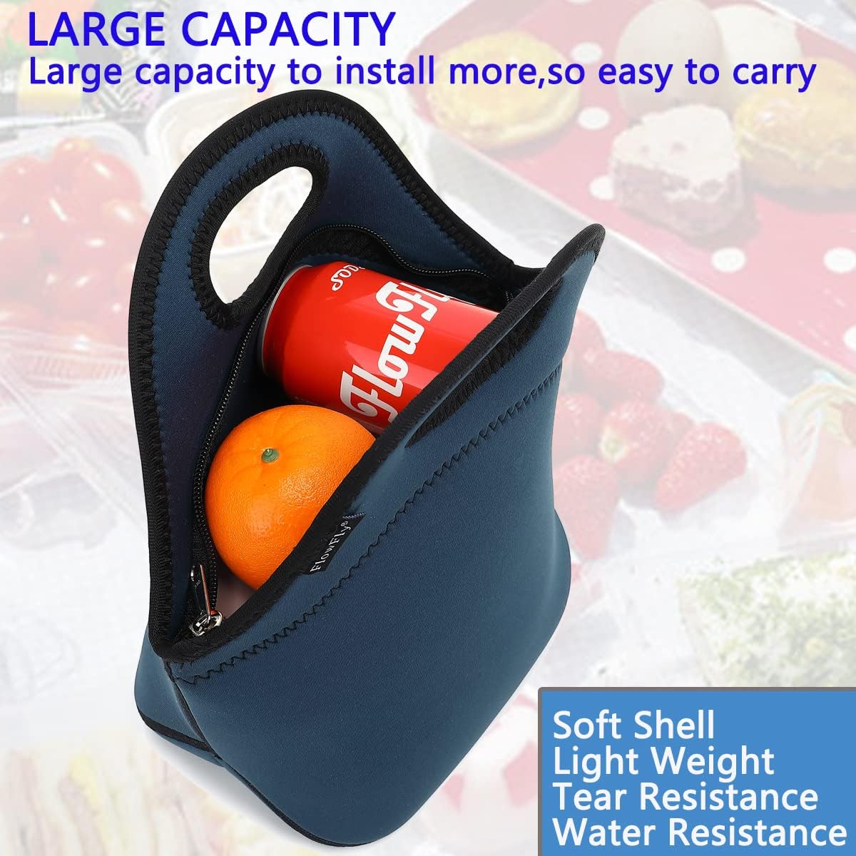 FlowFly Neoprene Kids Lunch box Insulated Soft Bag Mini Cooler Thermal Meal Tote Kit for Boys, Girls,Men,Women,School,Work, Office, Navy Blue