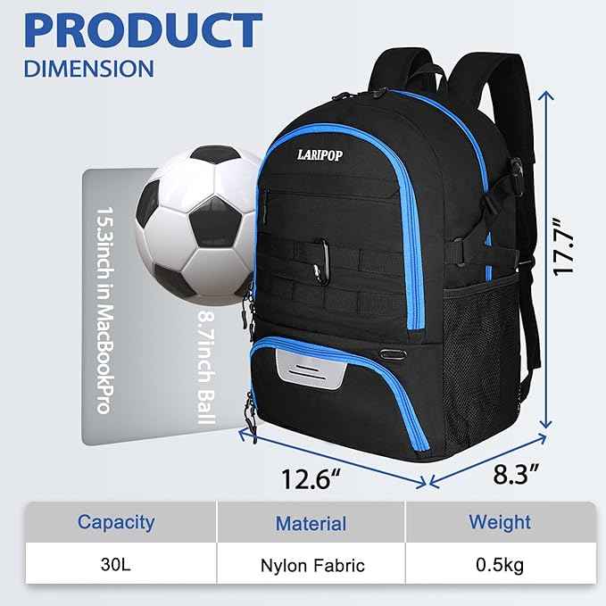LARIPOP Soccer Backpack Soccer Bag with Ball Holder & Shoe Compartment Youth Sports Equipment Training Bag
