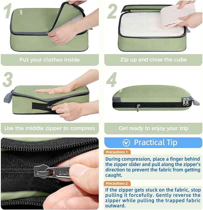 BAGAIL 4 Set/6 Set/8 Set Compression Packing Cubes Travel Accessories Expandable Packing Organizers (Cloth Pattern, 4-Matcha Green)