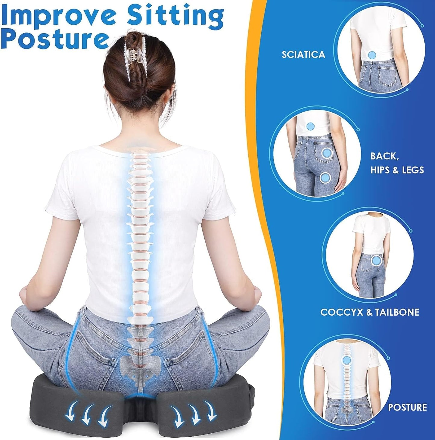 TushGuard Seat Cushion for Office Chair Memory Foam Non-Slip Cushion Back, Coccyx, Sciatica, Tailbone Pain Relief Butt Pillow for Office Chair, Car, Wheelchair, Grey, X-Large
