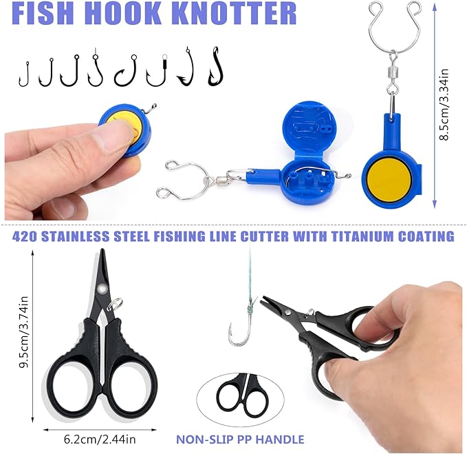 Fishing Tool Kit, 12 Pieces Fishing Gear, Fishing Pliers with Lanyard, Fillet Knife, Fish Lip Gripper, Fly Ice Fishing Hook Knotter, Anti-Cutting Gloves